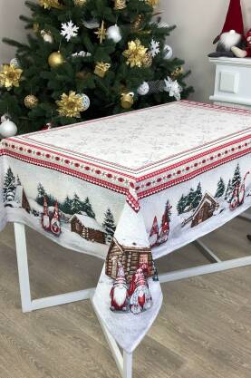 Obrus świąteczny tkany Snowfall - ze Skrzatami i ośnieżonymi domkami