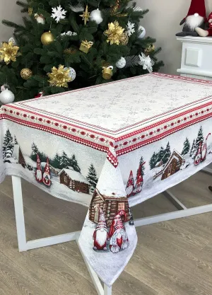 Obrus świąteczny tkany Snowfall - ze Skrzatami i ośnieżonymi domkami
