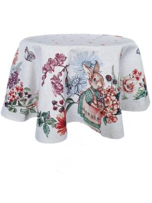 Obrus gobelinowy Spring - okrągły - wiosenny z zającami