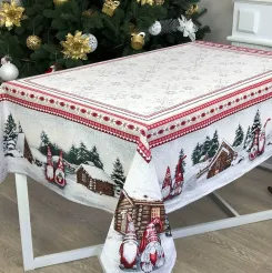 Obrus świąteczny tkany Snowfall - ze Skrzatami i ośnieżonymi domkami